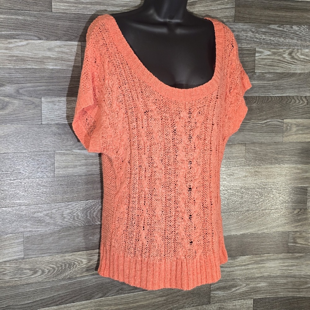 Aerie Women's Size L Coral Cable Knit‎ Crochet Short Sleeve Top Acrylic Nylon